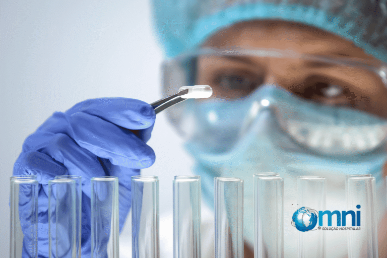 Especialista de saúde realizando pesquisa em laboratório + subtítulo