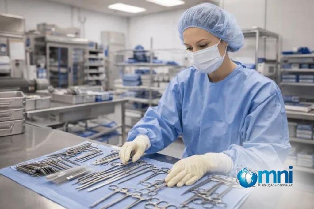 Mulher fazendo a limpeza de dispositivos médicos em sala de hospital